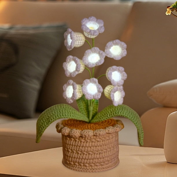 Maceta de luz LED tejida a mano con hilo de leche, 22 cm, rosa, blanco, morado, amarillo, decoración de escritorio, idea de regalo
