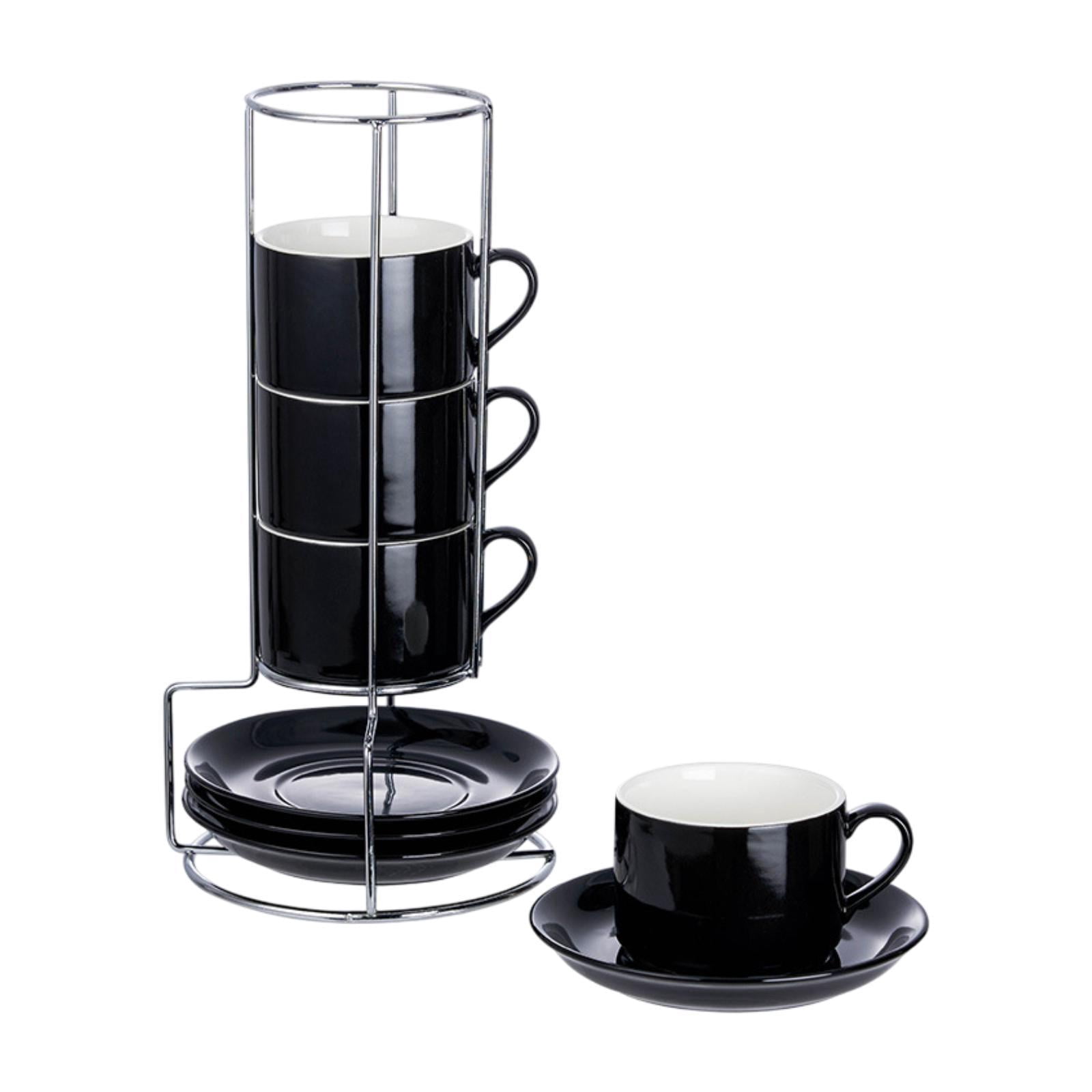 Esquirla Ceramic Espresso Cups Coffee Cups,Sturdy,Porcelain,Espresso Mugs with Saucers and Metal Stand Stackable for Cappuccino Coffee 5OZ