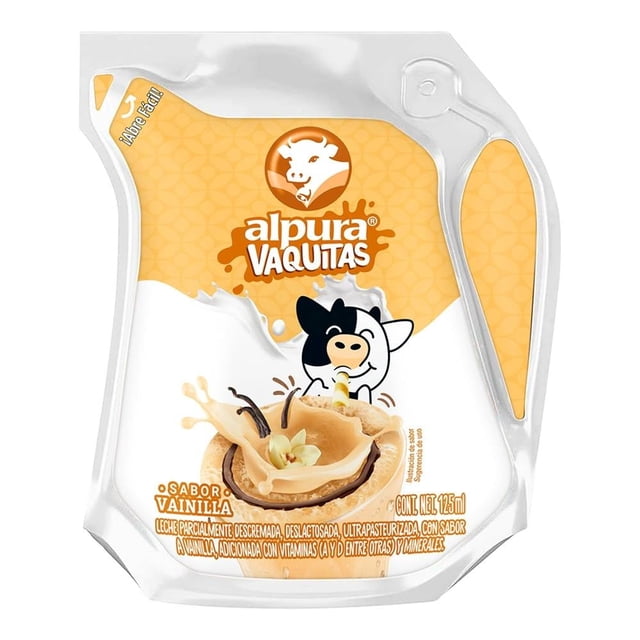Leche Alpura Vaquitas sabor vainilla 125 ml en empaque flexible con abre fácil, leche semidescremada deslactosada ultrapasurizada con sabor a vainilla, adicionada con vitaminas y minerales, fuente de proteína ideal para una alimentación balanceada.
