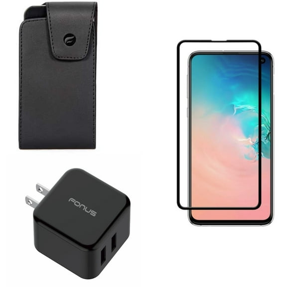 Galaxy S10e Case Belt Clip w Fast Home Charger w Screen Protector - Leather Swivel Holster, 30W 2-Port USB Quick Charge Port, Tempered Glass 5D Curved Edge for Samsung Galaxy S10e Phone