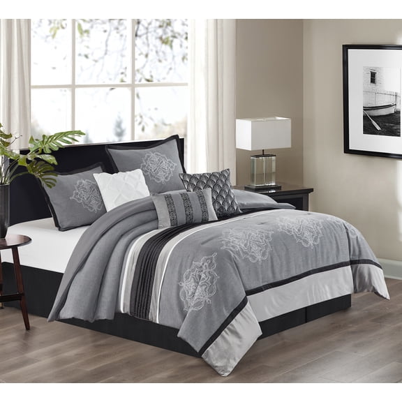 Lanco Kira Embroidery 7-Piece Comforter Set, Grey, California King, 100% Polyester Fill