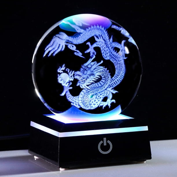 Lámpara Qianwei 3D con diseño de dragón de cristal grabado con láser, 8 cm
