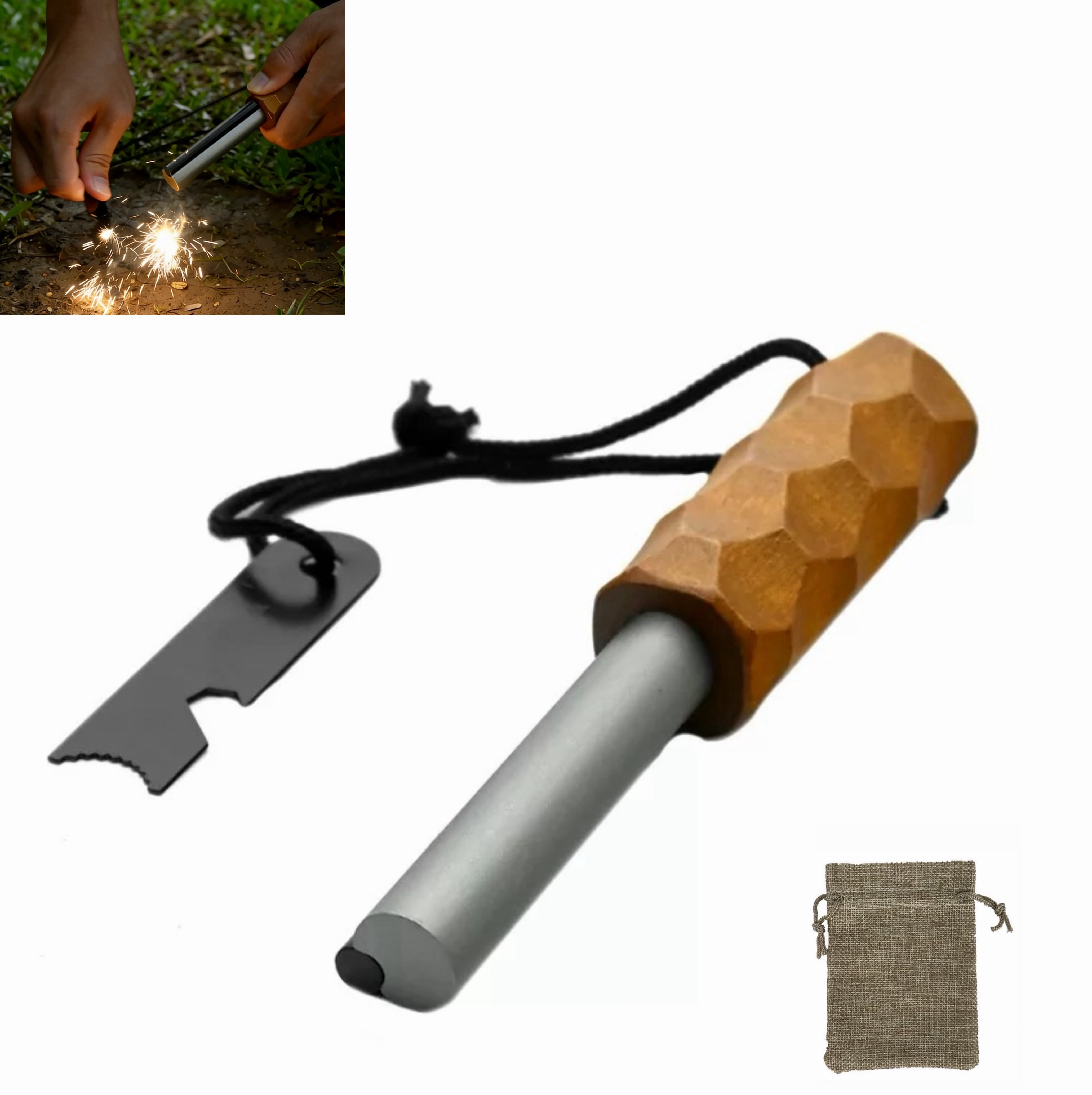 Ferro Rod Fire Starter with Ergonomic Sapele Wood Handle - Waterproof Survival Fire Steel for Camping, Bushcraft & Emergency Kits - High-Temperature 5,000°F Sparks - Includes Multi-Tool Striker