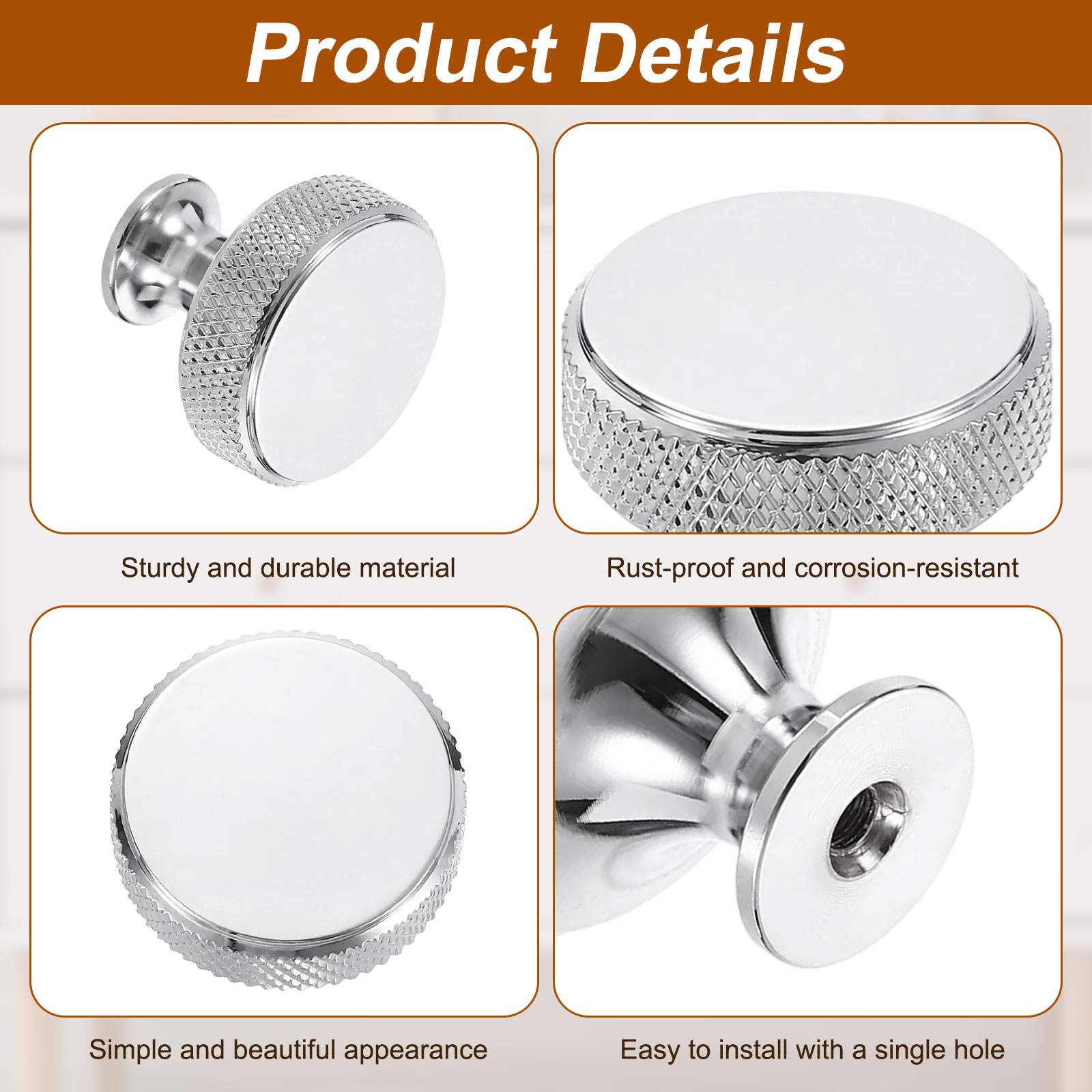 10Pack Round Cabinet Knobs,  1.2" Dia x 1.04" Height Drawer Knob Handle Pulls for Kitchen Cabinets Bedroom Dresser Wardrobe, Bright Chrome