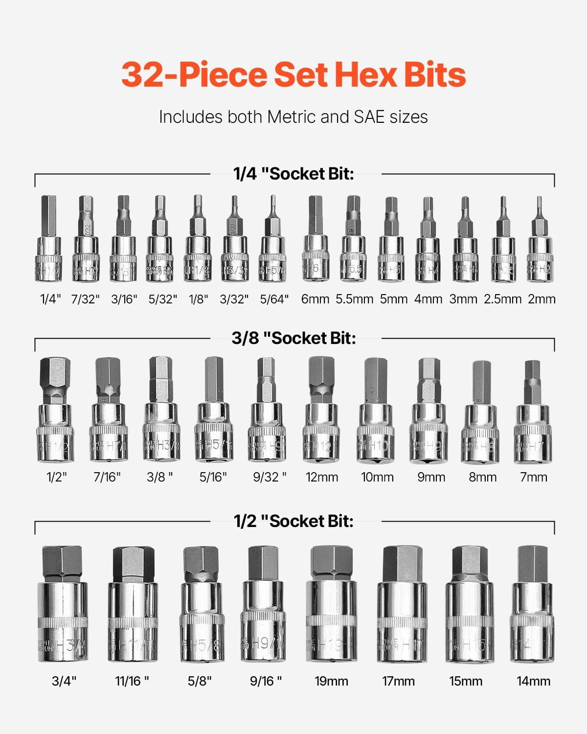 Hex Bit Socket Set 32-Piece S2 Alloy Steel Metric SAE with Storage Case for Automotive Repair