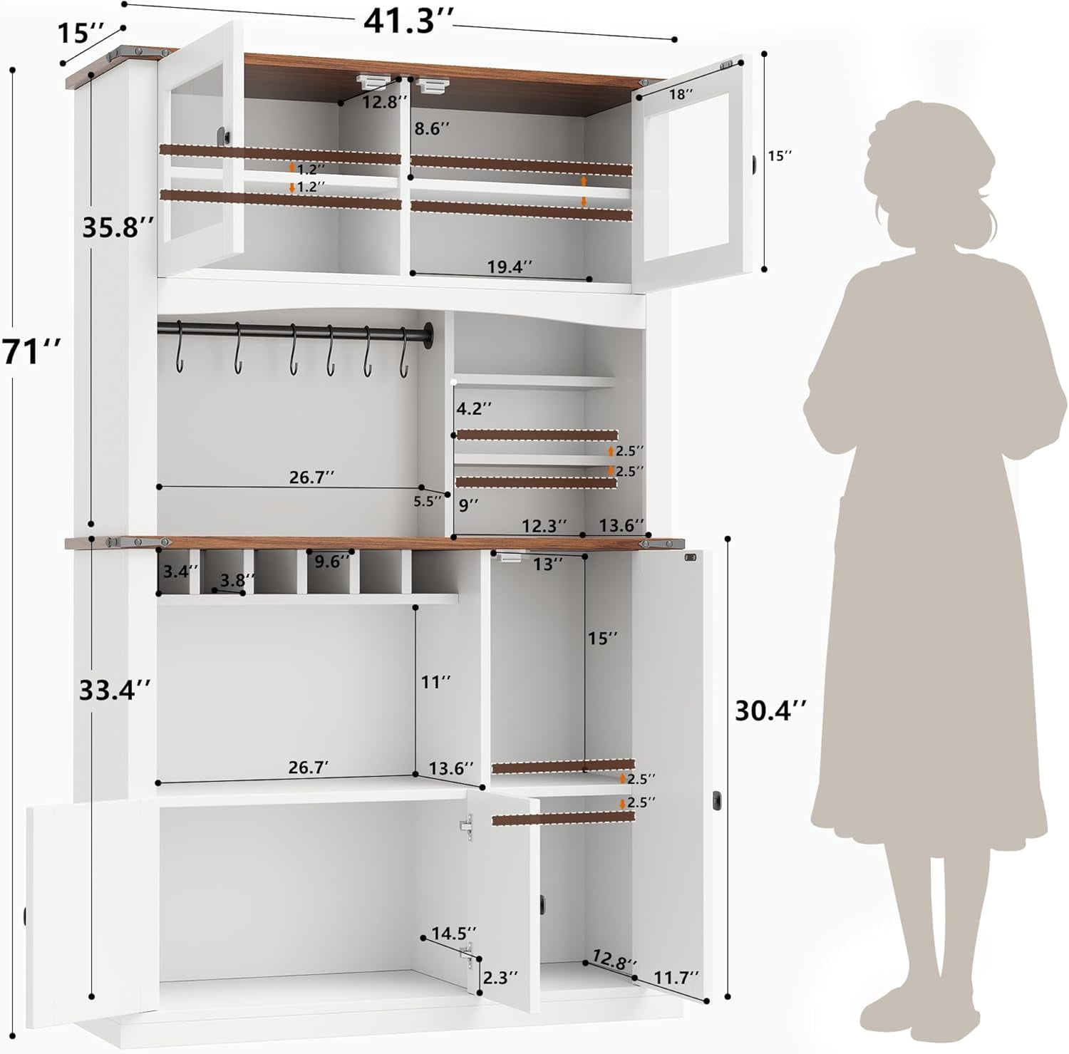 Einhomn 71" Tall Kitchen Pantry Cabinet with Charge Station, 3 Adjustable Shelves, Wine Rack and Glass Door,White