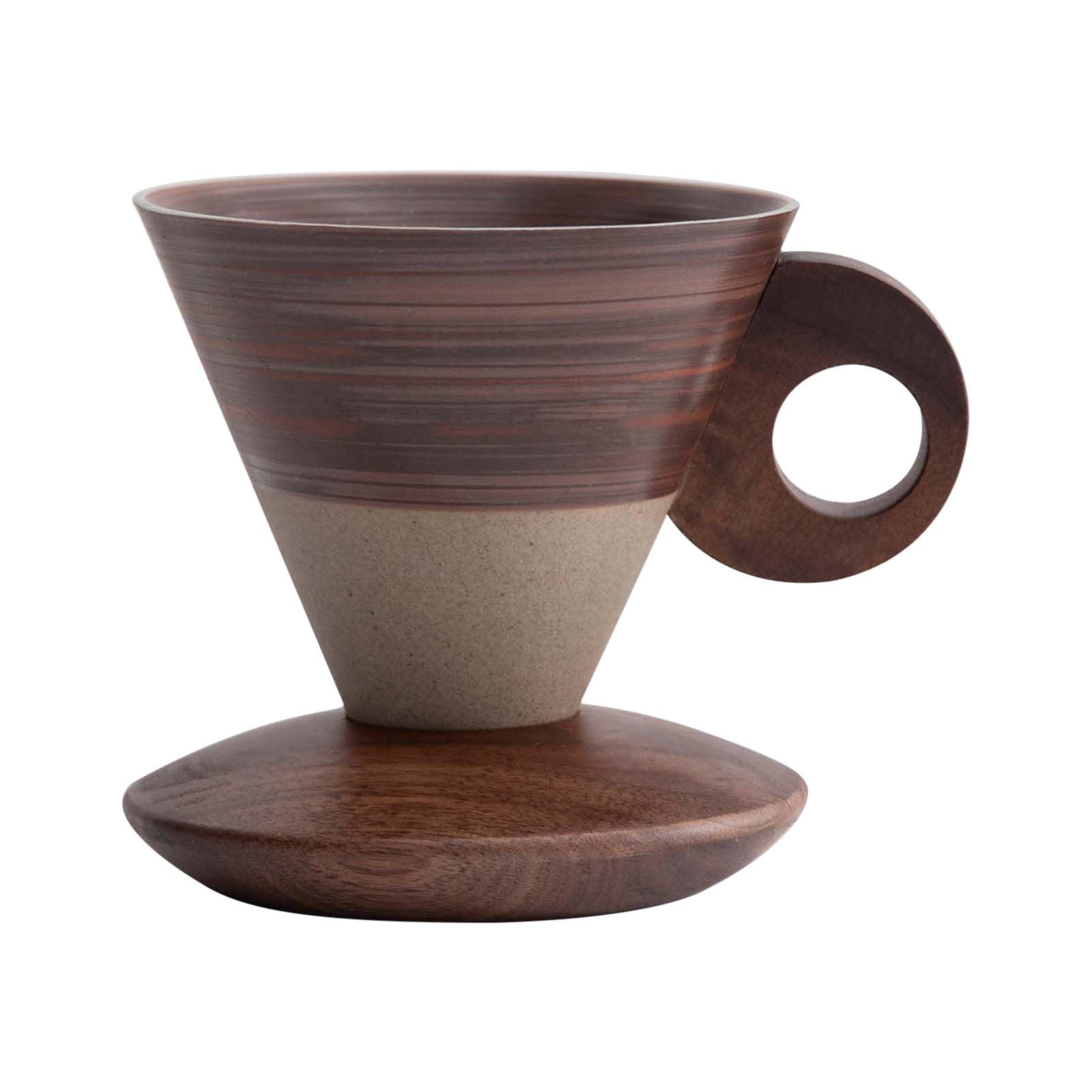 Elegant Conical Ceramic Coffee Cup with Solid Wood Base, Vintage Coarse Pottery Funnel-Shaped Mug for Home, Handcrafted Heat-Resistant Tea Coffee Cup, Pour-Over Espresso Brewing Mug, 200ml