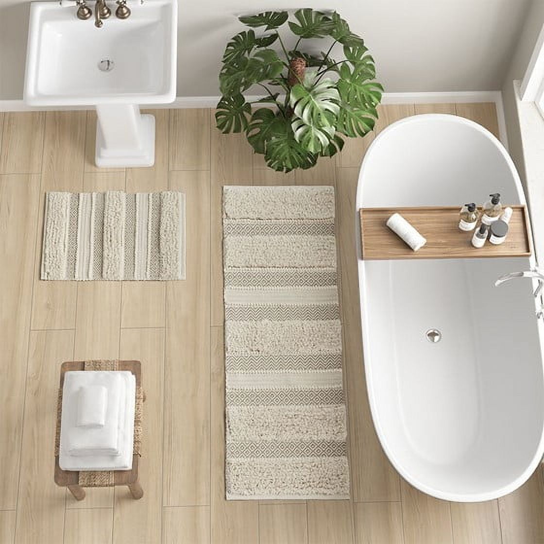 MAYEERTY Woven Texture Stripe Bath Rug Natural 22x58", Beige