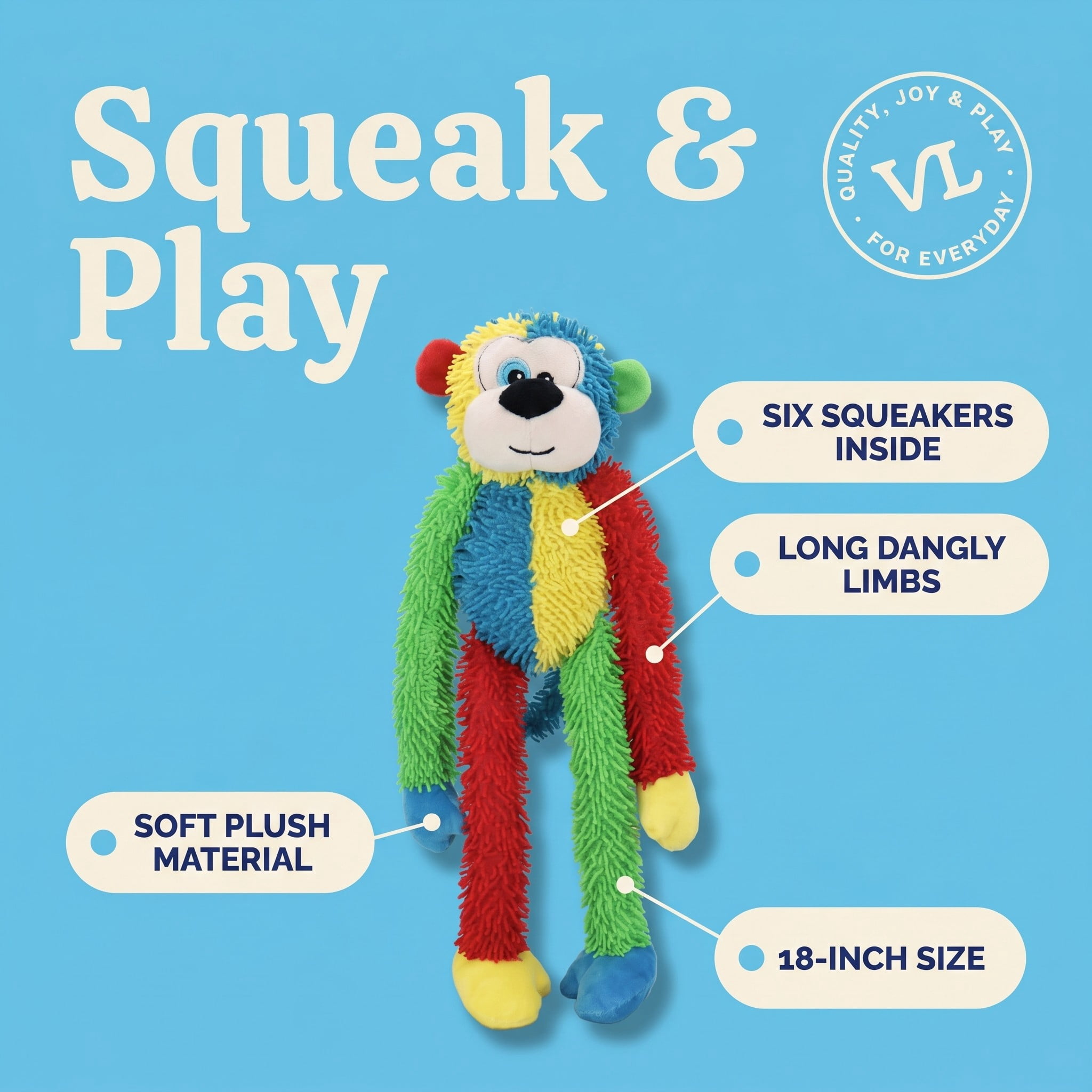Vibrant Life Multicrew Monkey Plush Dog Toy, 18 inches, with Six