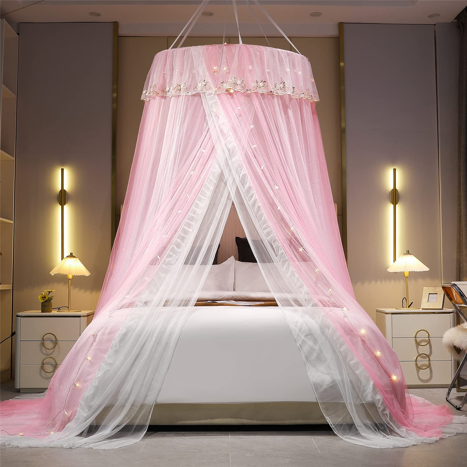Princess Bed For Double Layer Sheer Mesh Dome Elegant Embroidery Lace Mosquito Net Curtain Full Queen King Bed(pink/white-1)