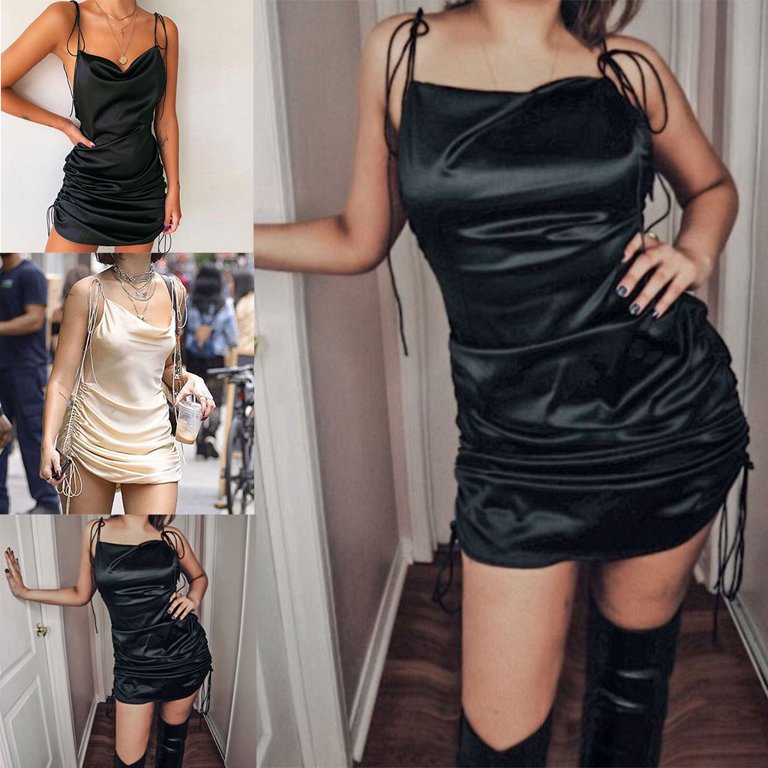 Womens - Satin Cowl Slip Mini Dress in Black