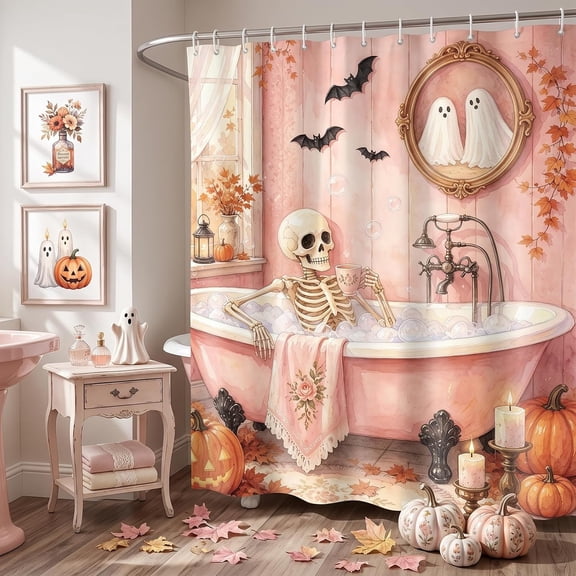 Pink Halloween Shower Curtain Skeleton In Bathtub With Ghost And Pumpkin Fall Bathroom Decor Waterproof Fabric With Hooks 71x71 inches