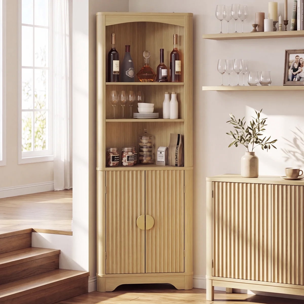 Easoger 69" Tall Fluted Corner Cabinet, Farmhouse Bathroom Storage Cabinet with Adjustable Shelves, Slim Space-Saving Design for Bathroom, Living Room, Entryway, Oak