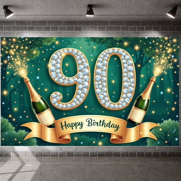 -Encrusted 90th Birthday Banner Champagne Bottle Design Happy Birthday Display Gold Ribbon Accent Sparkling Stars Jubilee Backdrop for 90th Birthday Party Senior Celebration Family Gathering