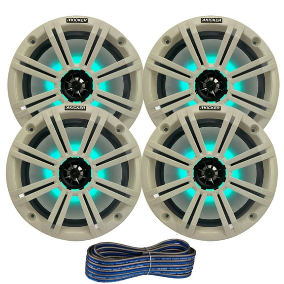 2 Pair (QTY 4) of Kicker 8" 2-Way 300 Watts Max Power Coaxial Marine Audio MultiColor LED Speakers with White Grilles, 50-Feet 16-Gauge Speaker Wire
