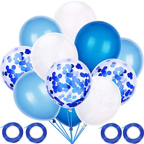 Light Blue, Dark Blue, White 60 Pieces Solid Color Latex Balloons Party Decorative Balloons with 4 Rolls Ribbons for Baby Shower Party Wedding Birthday Decoration 