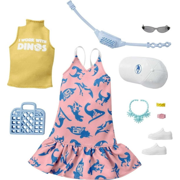 Barbie Fashions Storytelling Fashion Pack- Pink Dress with Dinosaur, Yellow Shirt - Inspired by Popular Brand Roxy, Complete Look with Outfit & Accessories, Gift for Kids 3 to 8 Years Old Barbie -