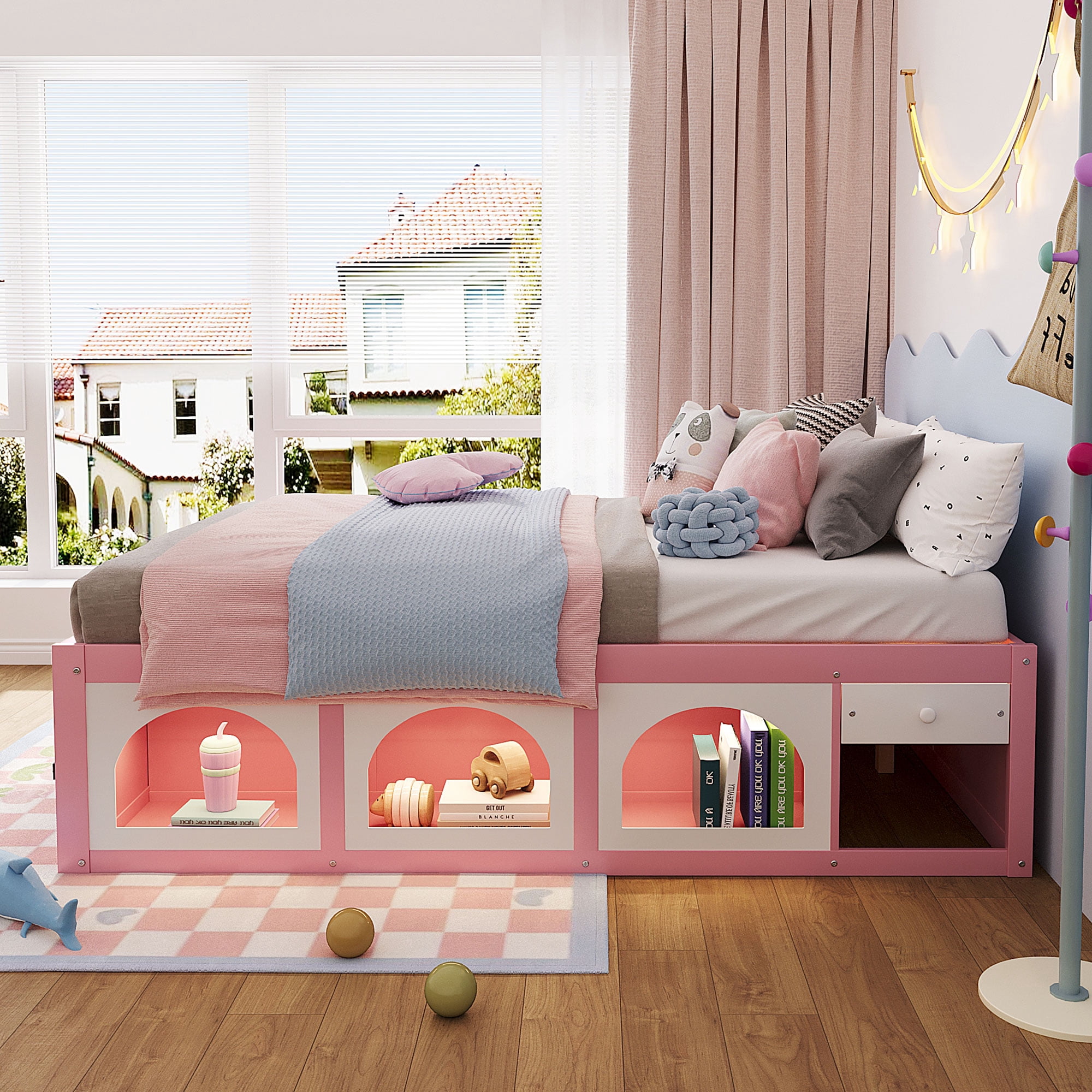 Mintazer Modern Queen Size Bed with Bookshelf and 3 Open Cubbies & Drawer, Platform Bed Frame with LED Light for Kids Bedroom, Pink & White