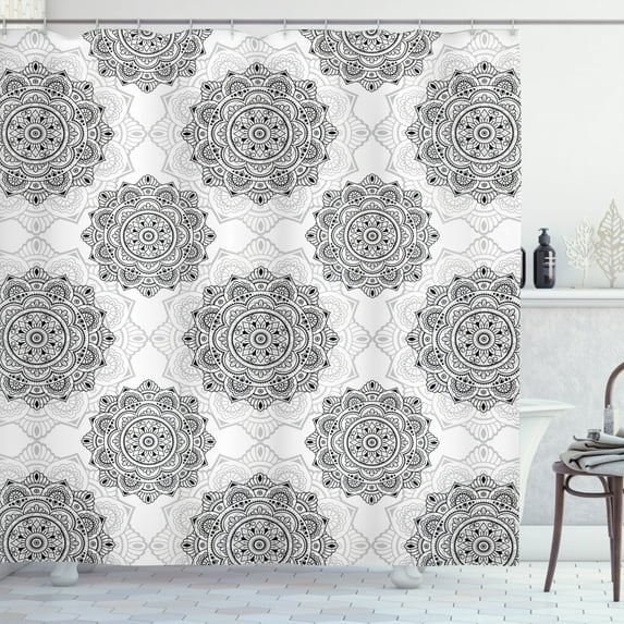 Ambesonne Orient Shower Curtain, Circular Swirls and Strokes, 69"Wx70"L, Charcoal Grey White