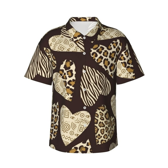 Hearts With Animal Skin Men's 3d Print Casual Button Down Shirts, Novelty Hawaiian Short Sleeves Xl