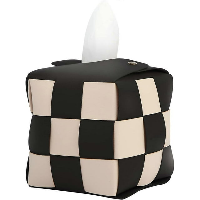 Tissue Box Cover,Square Tissue Box Holder,Modern PU Leather Woven,Stylish Checkerboard Design,For Living Room,Decorative Shelf,Bathroom (Black)
