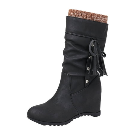 

Winter Chelsea Boots for Women Ladies Fashion Solid Color Tassel Bow Decoration Simple Round Toe Flat Bottom Sleeve Mid Calf Boots Sock Boots Knee High Boots(Size:7)