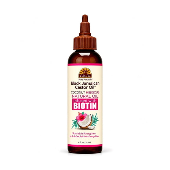 OKAY Pure Naturals Black Jamaican Castor Oil & Coconut Hibiscus Hair Growth Oil, 4 oz – Nourishing, Strengthening & Hydrating Treatment
