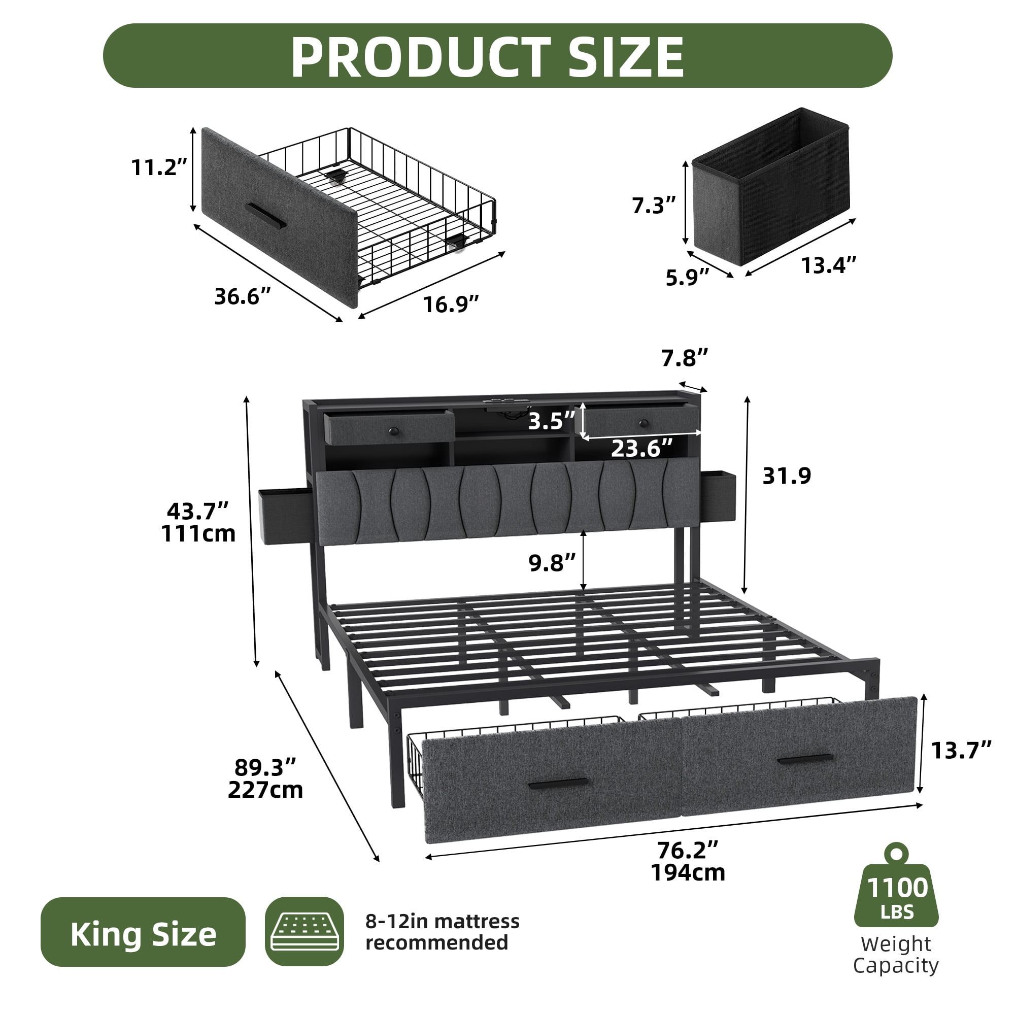 Uforic King Size PU Leather Platform Bed Frame with 3-Tier Storage Headboard 2 Underbed Rolling Drawers & Side Storage Boxes, No Box Spring Required, Gray