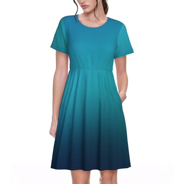 Balery Blue to turquoise Vestidos sueltos de manga corta para mujer, vestidos de verano 2025, vestidos casuales de corte A con vuelo.