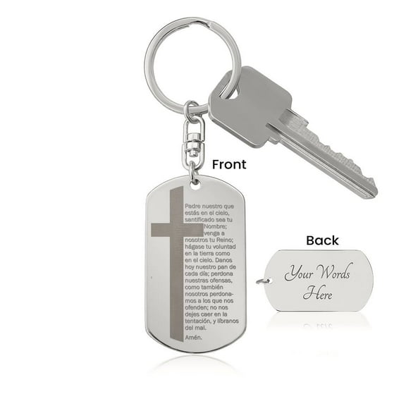 Lords Prayer Spanish Padre Nuestro Engraved Dog Tag Bible Keychain Stainless Steel or 18k Gold