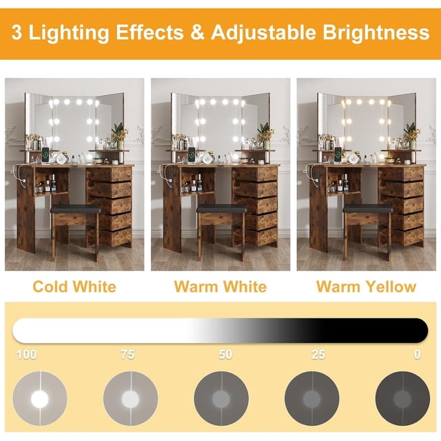 GloryStar Vanity Desk with Mirror and Light, Makeup Vanity Desk with Power Strip, and 5 Rotating Drawers, 3 Color Lighting