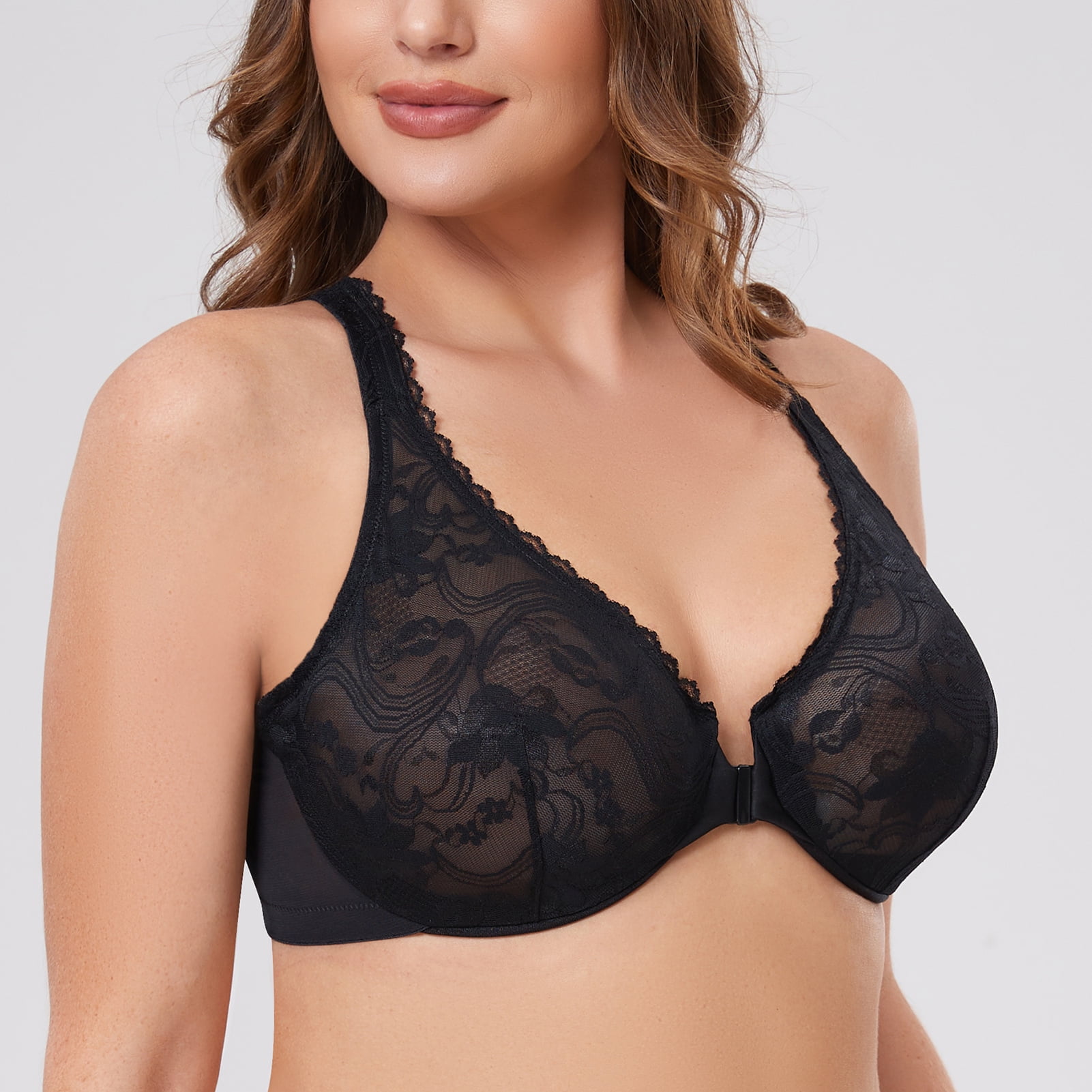 MELENECA Women's Plus Size Racerback Unlined Lace Underwire Front Closure Bra Black 44G
