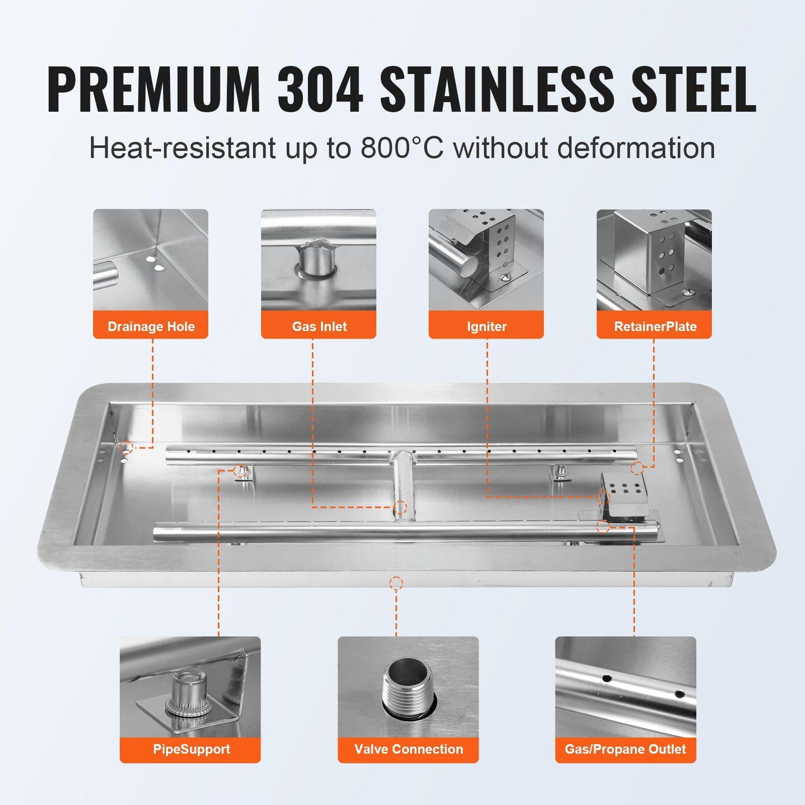 36" Drop-In Fire Pit Pan, Stainless Steel Burner Kit - 150,000 BTU, Natural & Propane Gas - Indoor/Outdoor Use with 12 Accessories