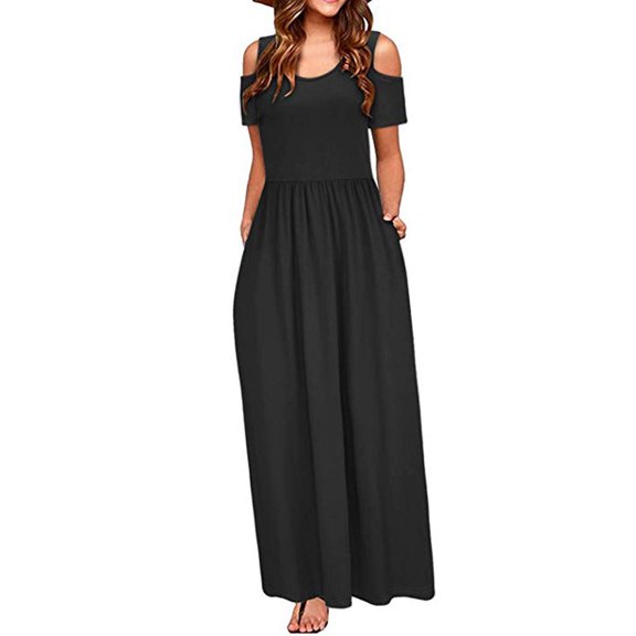 MRULIC dresses for women 2022 Women Summer Cold Shoulder Floral Print Elegant Maxi Long Dress Pocket Dress Women's Casual Dress Black L
