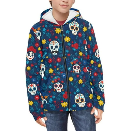 Psesaysky Kids Mexican Sugar Skull Hoodies for Boys Girls Zip Up Hooded Toddler Sweatshirt Cozy Warm Winter Jacket for Teen Girl 14-16 Years