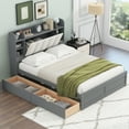 thumbnail image 2 of Queen Size Platform Bed, Wood Bed Frame with Storage Headboard, Upholstery Backrest, Shelves and 2 Drawers, Space-Saving Bed for Children, Teens, Adults, Noise-Free, No Box Spring Need, Gray, 2 of 7