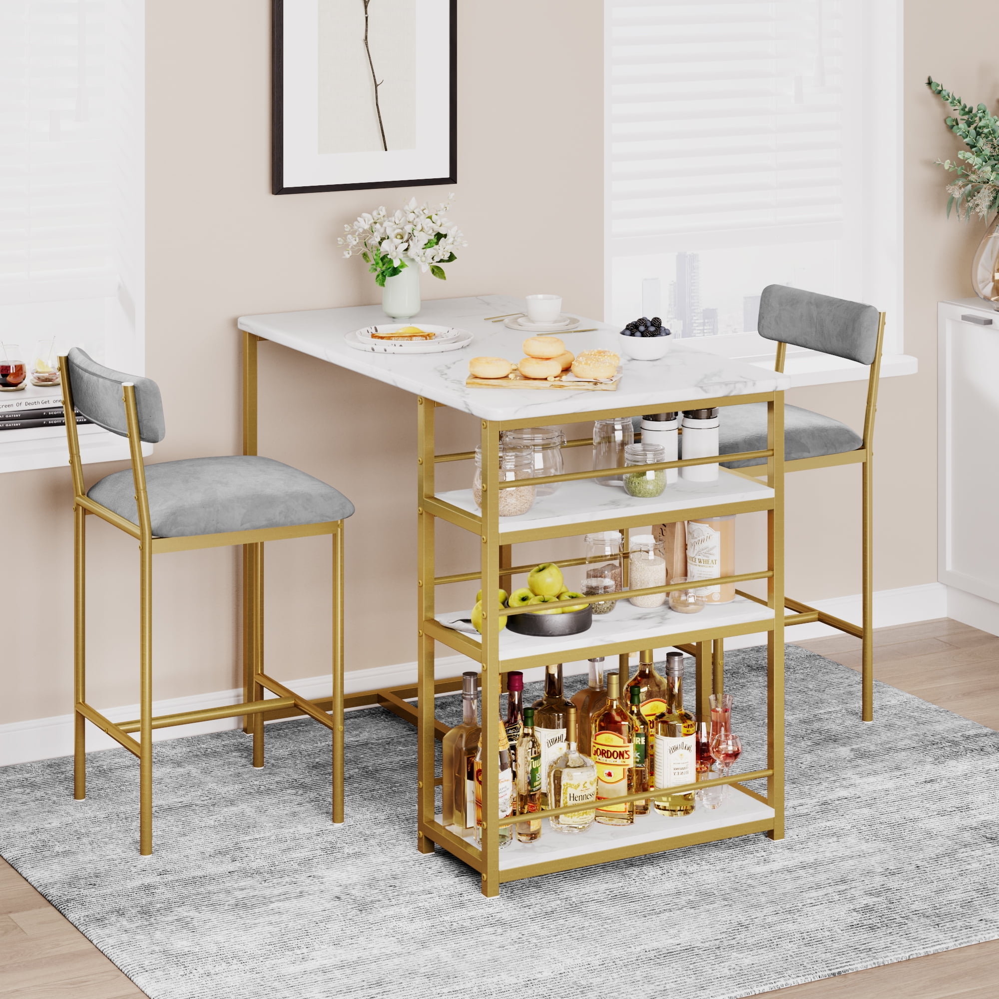 3 Piece Counter Height Dining Table Set for 2 with Velvet Upholstered Chairs and 3 Large Storage Shelves, Kitchen Bar Table Set for Small Space, Apartment, Gray Gold White