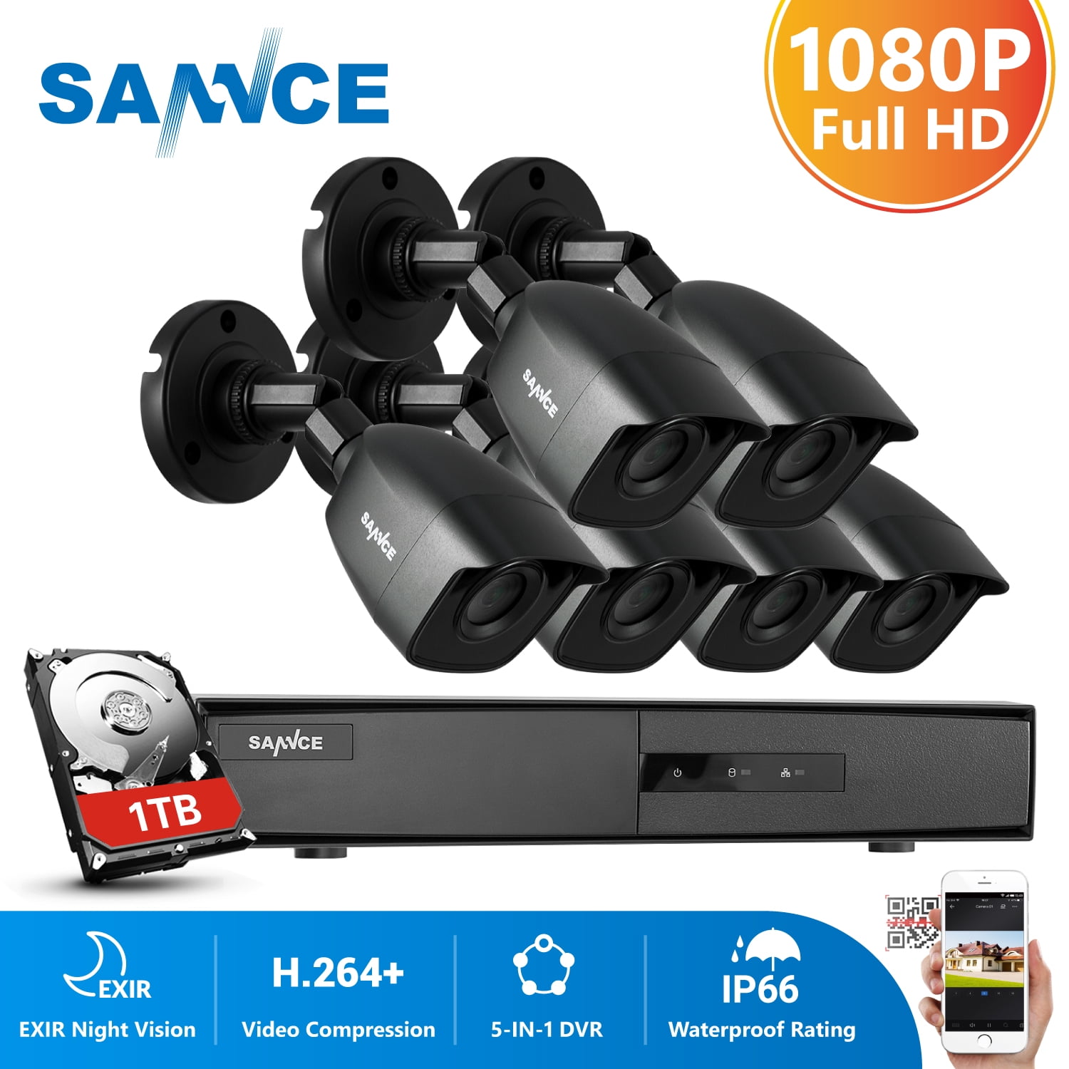SANNCE 8CH 5in1 HD 1080P HDMI DVR 8x 720P 1500TVL Outdoor Security Camera System 