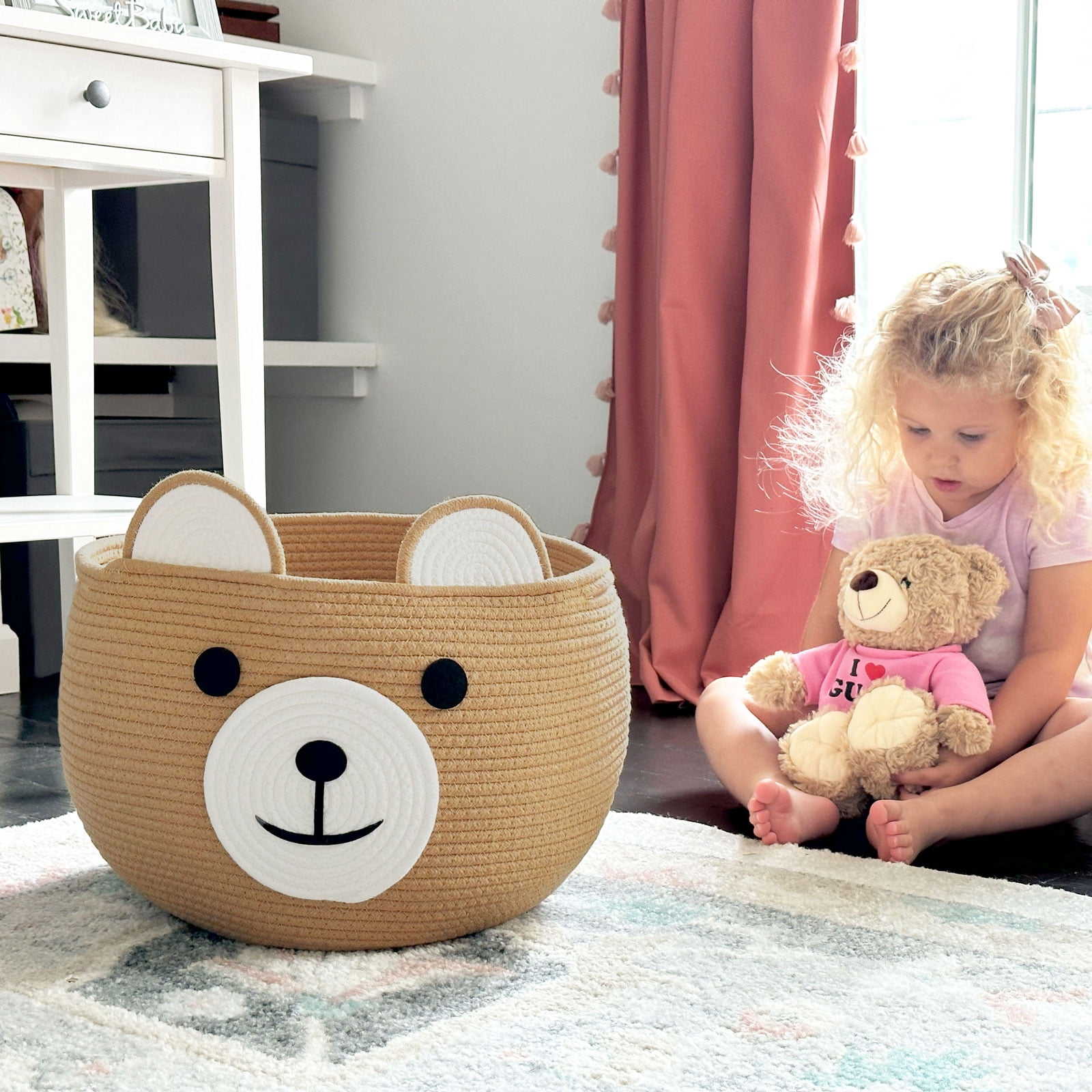 Timeyard Cotton Rope Baby Basket, Animal Basket for Toy Clothes, Cute Bear Design for Storage, Empty Gift Baskets for Kids -Brown,15.7"D x 10.5"H