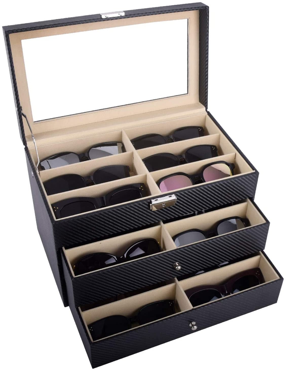 Leather 12 Piece Eyeglasses Storage and Sunglass Glasses Display Drawer