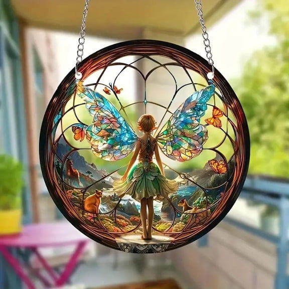 Enchanting Magic Forest Fairy Stained Glass Suncatcher, Round Stained Glass Window Hanging Decoration, Forest Fairy Wall Window Hanging Art