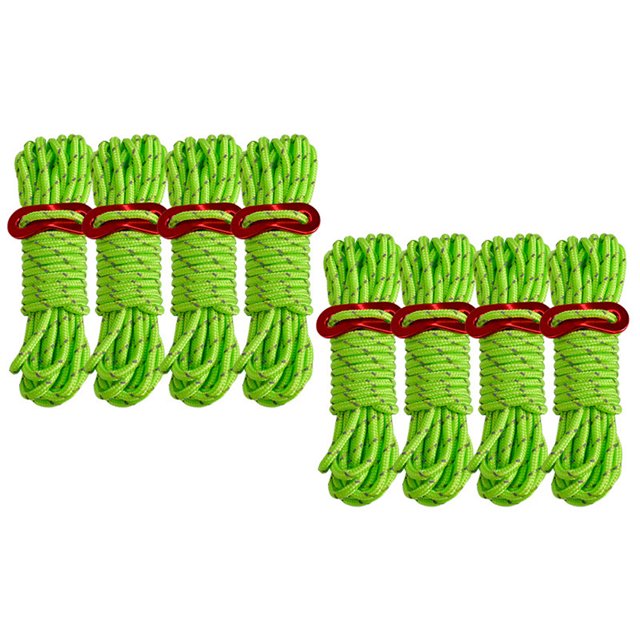 Generic Reflective Camping Rope Set - 4mm Thick Polyester Tent Cords with Windproof Clips, 4m Length, 8-Pack, Multi-Color Options (Green, Red, Blue, Yellow, Purple, Orange)