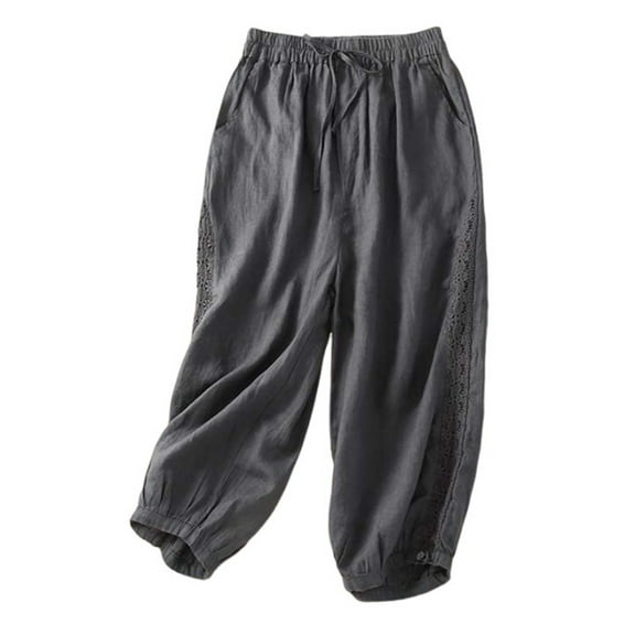 QATAINLAV Linen Capris for Women Summer Casual Lace Patchwork Harem Pants Drawstring Loose Capri Beach Pants Basic Color Cropped Trousers with Pockets Oferta Flash Para Hoy Gray M