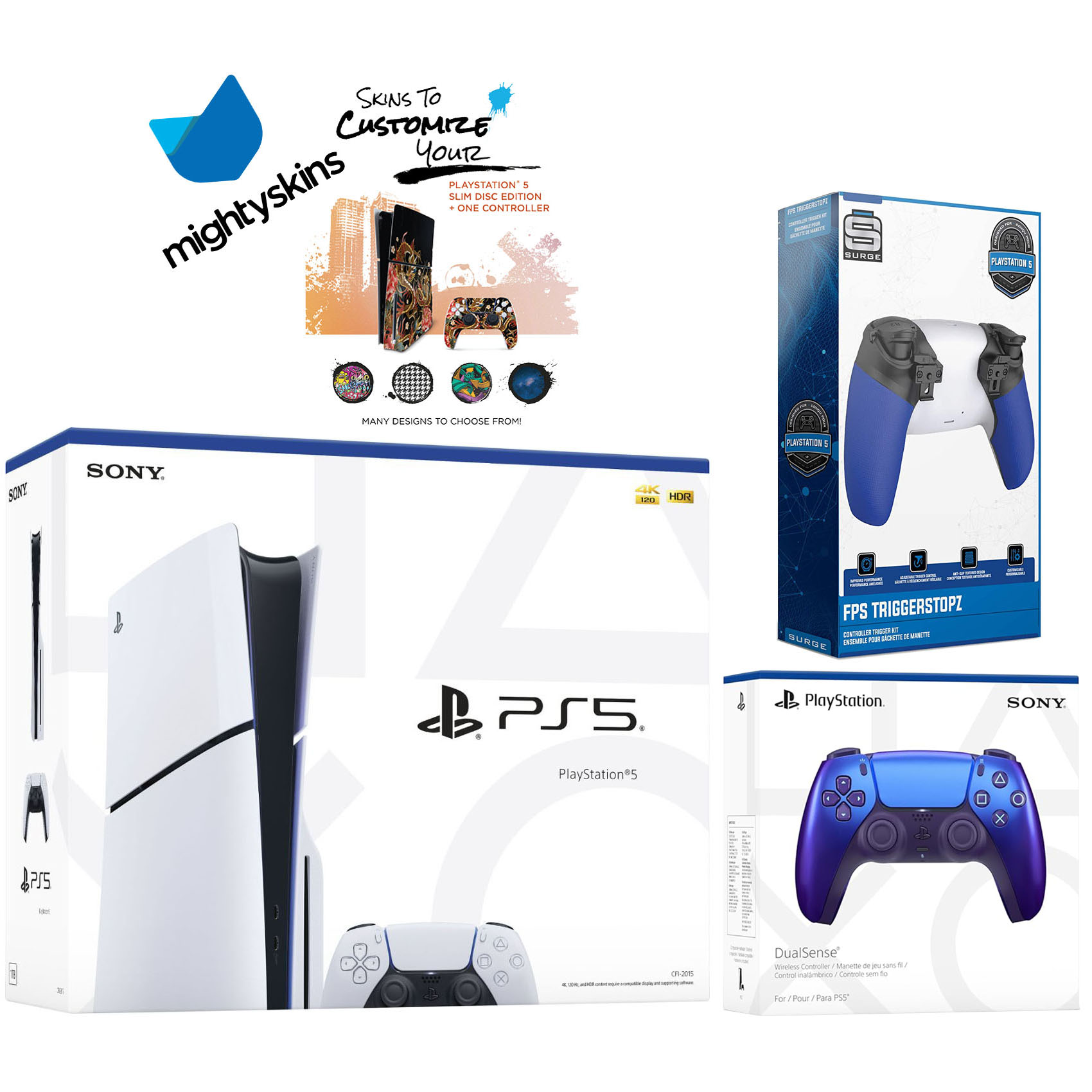 Sony PlayStation 5 Slim Disc with Extra Chroma Indigo Controller, Trigger Stop Kit and MightySkins Decal Voucher