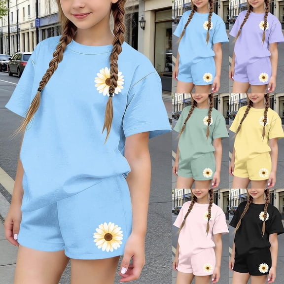 Babcutegg Girls Summer Printed Two-Piece Outfit – Short Sleeve Round Neck Top with Elastic Waist Shorts for Casual and Playful Everyday Wear Purple Size 13-14