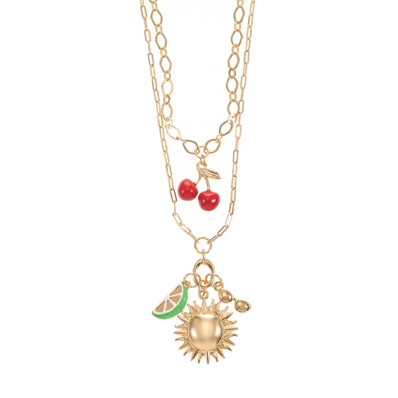 Time and Tru Cherry Charm Layered Necklace Set Goldtone