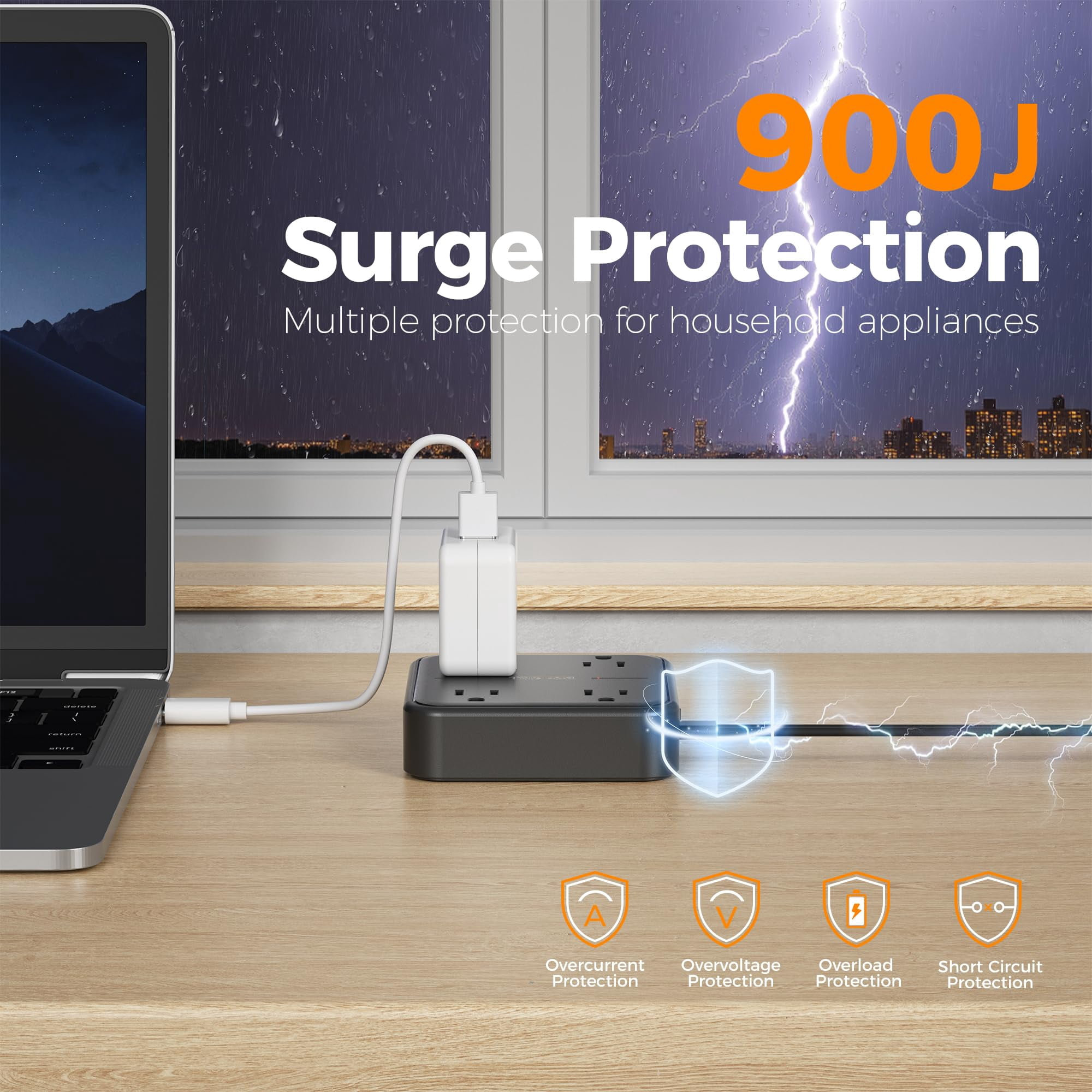 Surge Protector Flat Extension Cord 5ft  Plug Power Strip With 4 Outlets 3 Usb Ports (1 C) 900 Joules Protection Multiple Wall Outlet Extender Suitable For Home Office Dorm Black