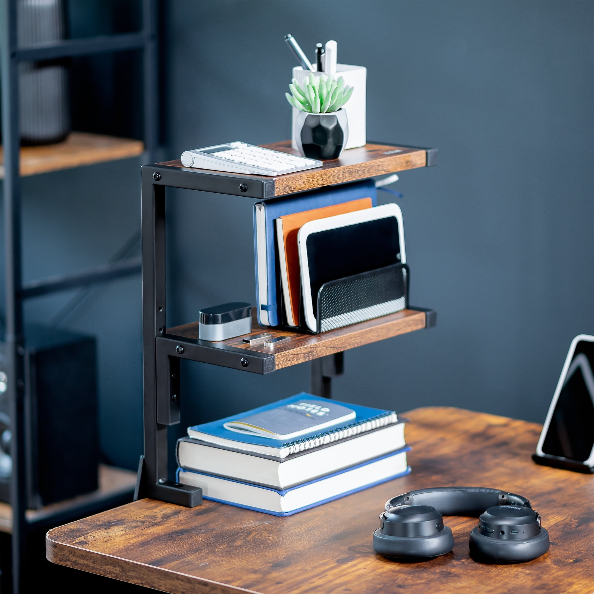 VIVO Vintage Brown Clamp-on 13" Above or Below Desk 2-Tier Shelving Unit