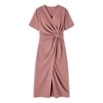 thumbnail image 5 of Feancey Work Dresses for Women Twist Knot High Waisted Midi Dress Wrap V Neck Cocktail Party Dresses Elegant Short Sleeve Formal Dress Pink XL, 5 of 7
