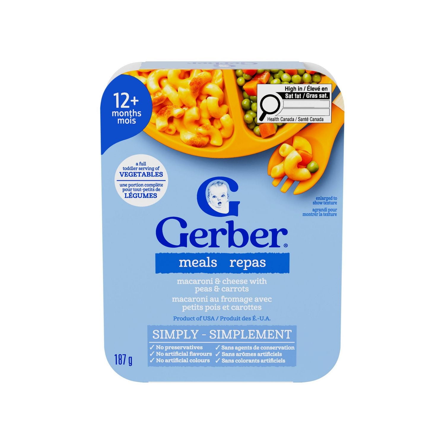 GERBER MEALS Macaroni & Cheese With Peas & Carrots, With A Full Toddler Serving of Veggies, Source Of Iron, Calcium & Vitamin A, No Artificial Colours, Flavours or Preservatives 187 g, 187 GR